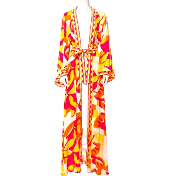 NWT REBECCA VALLANCE Sorrento Orange and Yellow Maxi Kimono Robe Dress - Picture 6 of 11